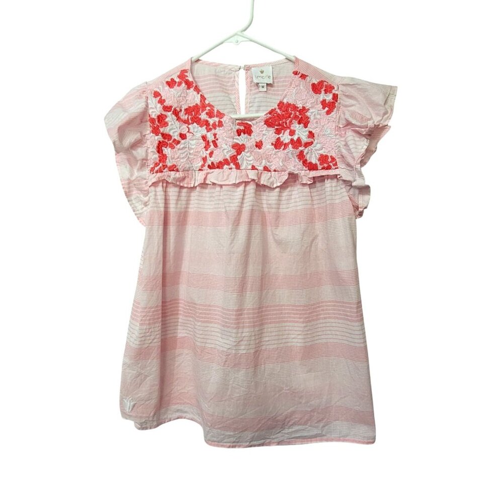 J Marie Top Womens M Pink Stripe Ruffle Sleeve Embroidered Cotton Peasant Smock